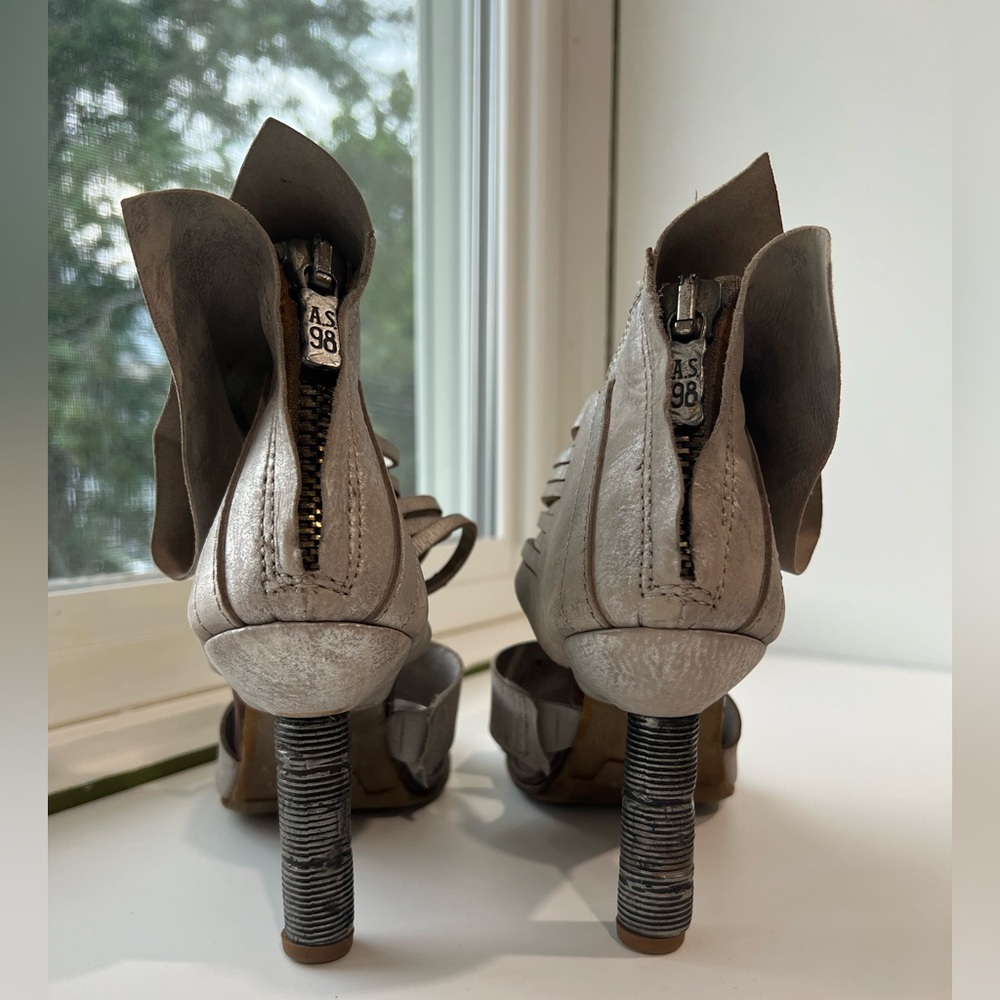 A.S.98 Metallic Silver Gray Strappy Sculpted Heel Sandals 37 - Picture 4 of 14